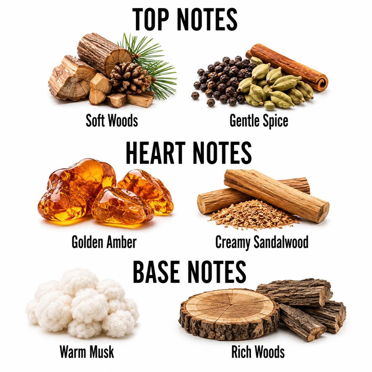 A fragrance notes graphic on a white background with labeled sections: Top Notes, Heart Notes, and Base Notes. Top Notes include Soft Woods, Gentle Spice, with wood logs, pine needles, and spices.