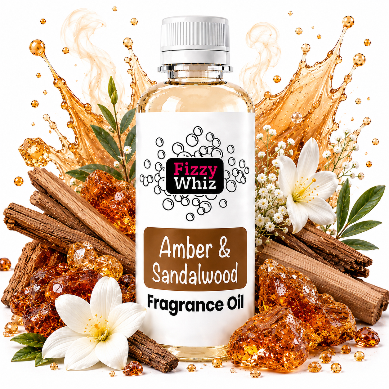 A bottle of Fizzy Whiz Amber & Sandalwood Fragrance Oil centered against a white background, surrounded by decorative amber crystals, cinnamon sticks, white flowers, and a stylized golden splash graphic.