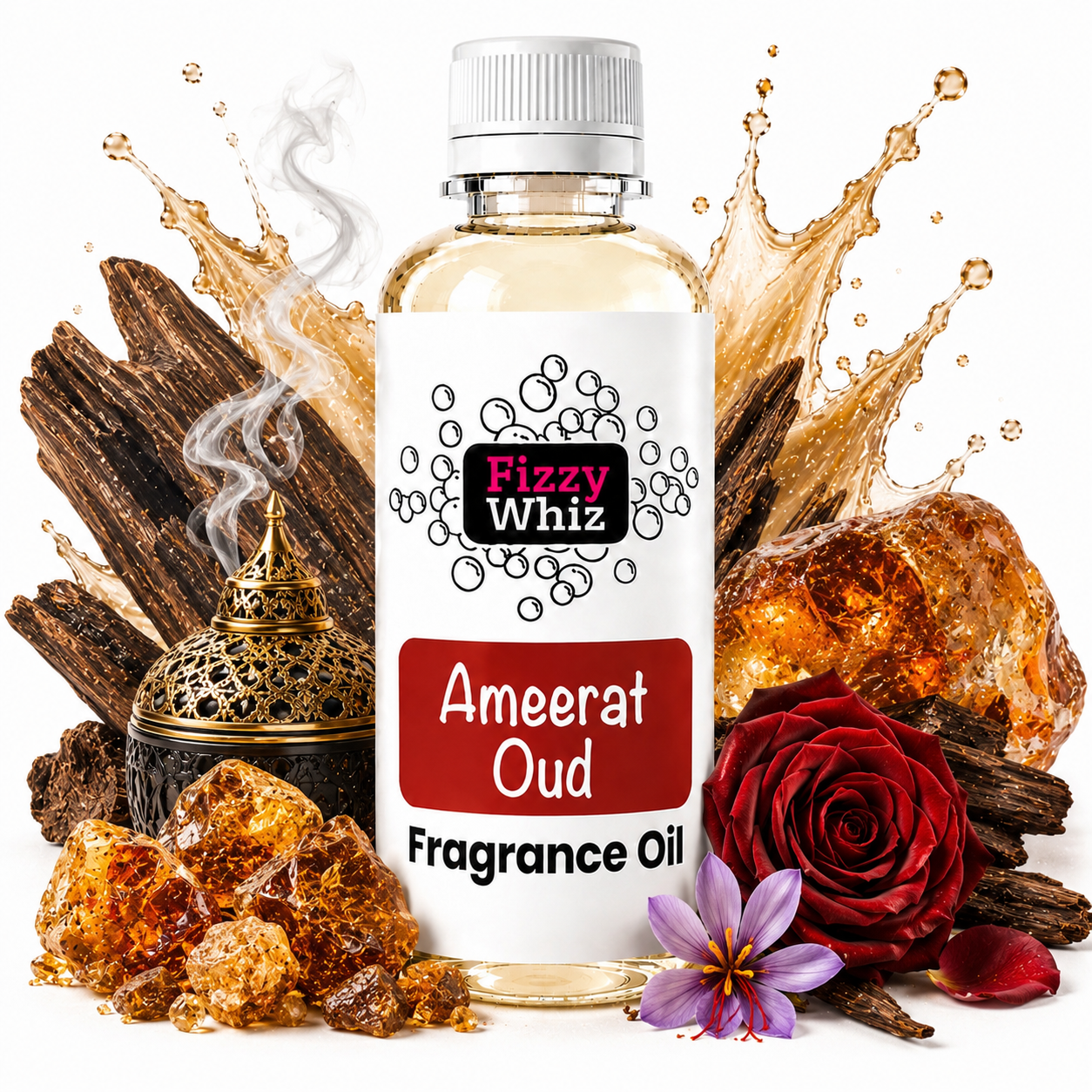A bottle of Fizzy Whiz Ameerat Oud Fragrance Oil centered on a white background, surrounded by decorative scent ingredients including amber crystals, a red rose, a purple flower, cinnamon sticks, a brass incense burner, and a liquid splash effect.