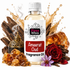 A bottle of Fizzy Whiz Ameerat Oud Fragrance Oil centered on a white background, surrounded by decorative scent ingredients including amber crystals, a red rose, a purple flower, cinnamon sticks, a brass incense burner, and a liquid splash effect.