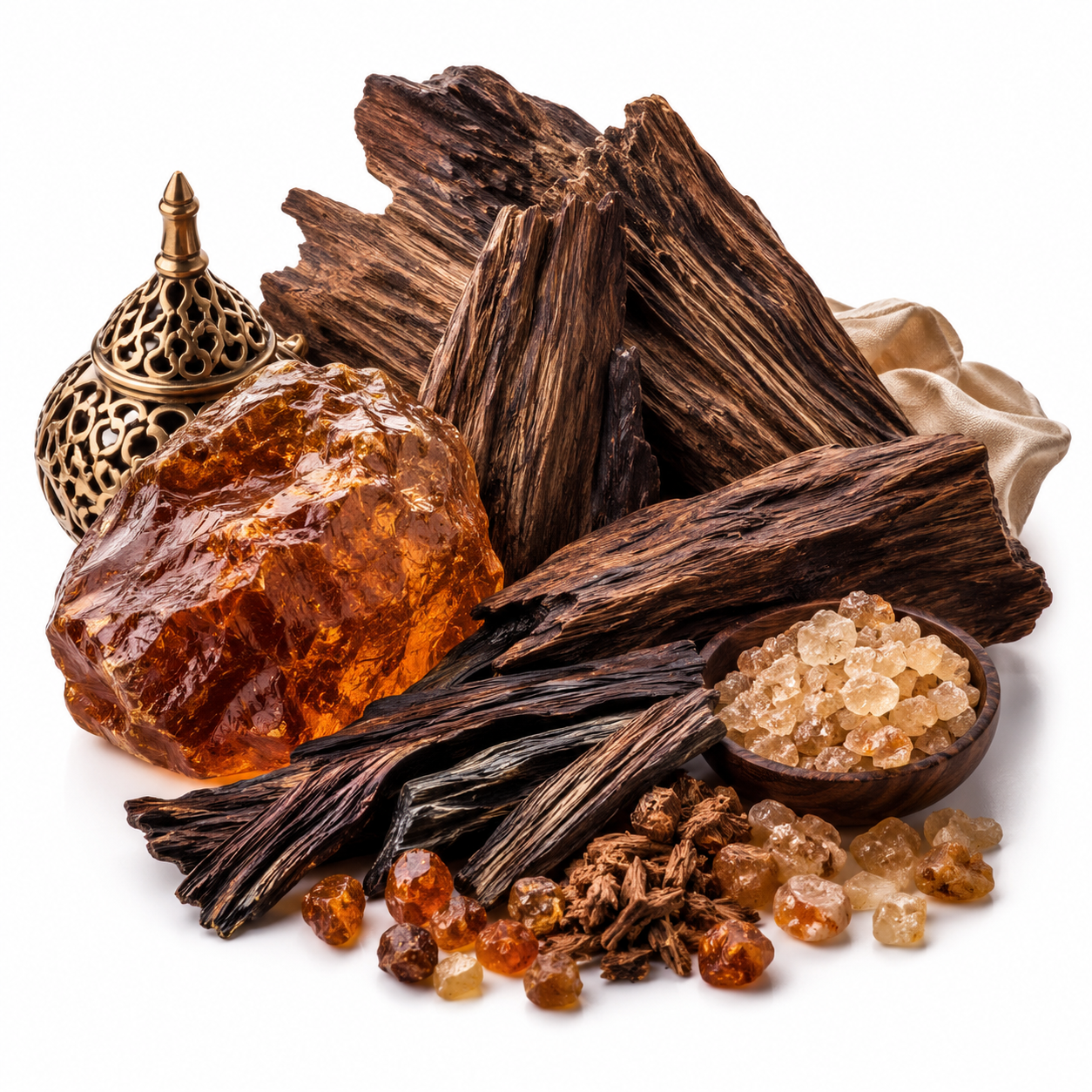 A styled arrangement of natural ingredients on a white background, including dark brown wood pieces, amber-colored resin chunks, a small bowl of translucent crystals, and a brass incense burner.