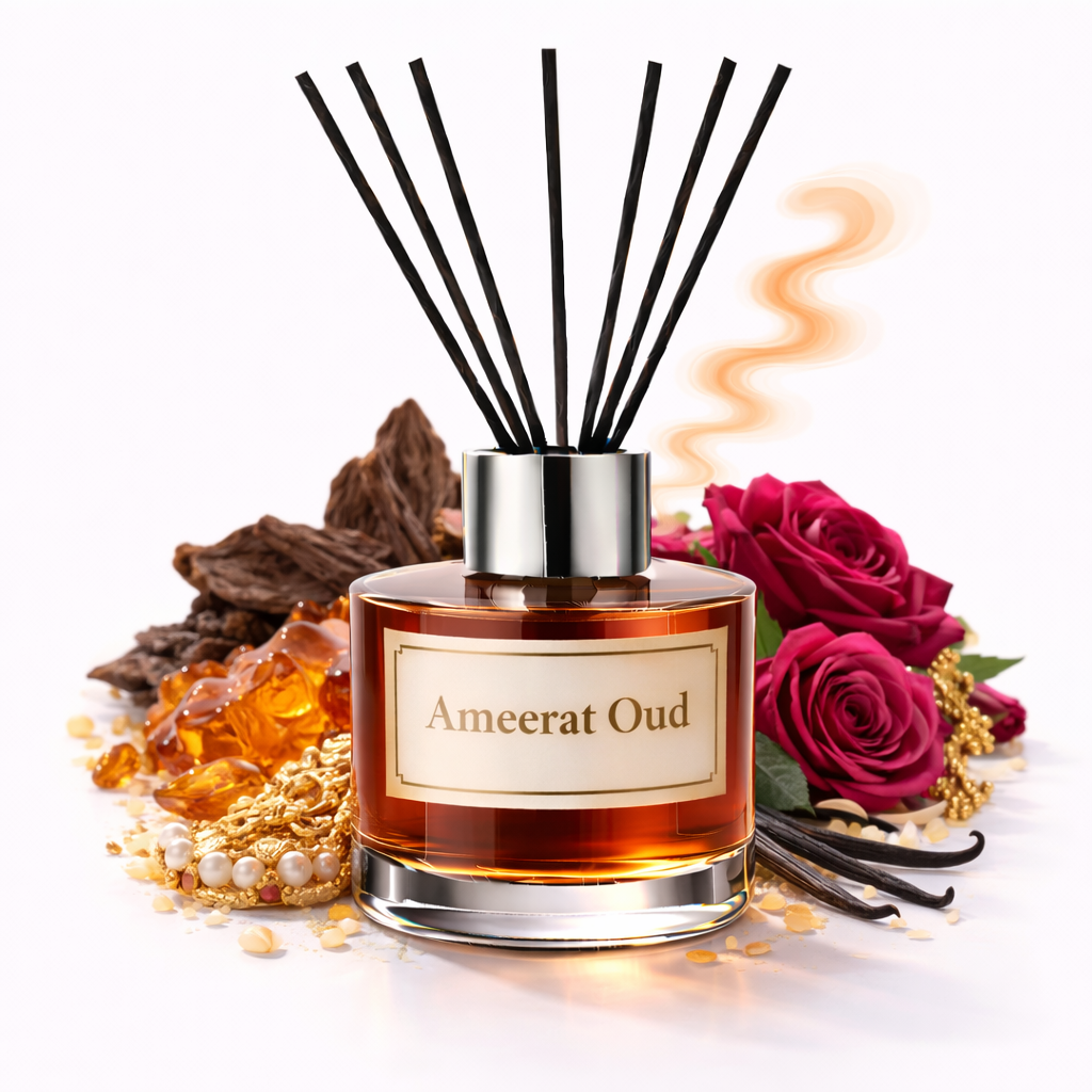 Ameerat Oud diffuser with decorative elements on a white background