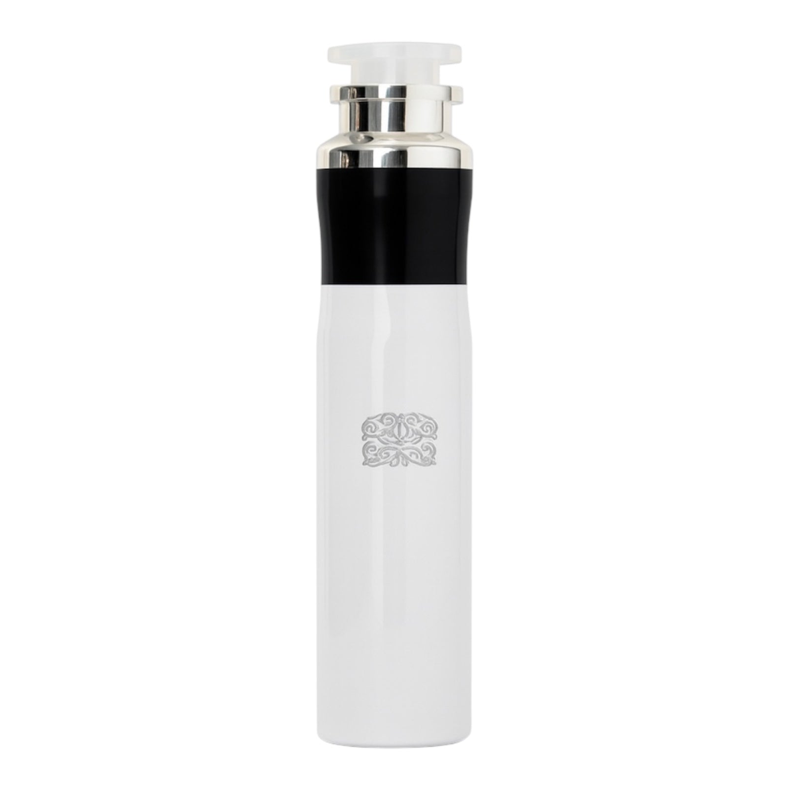 White water bottle with black accent and silver cap on a white background