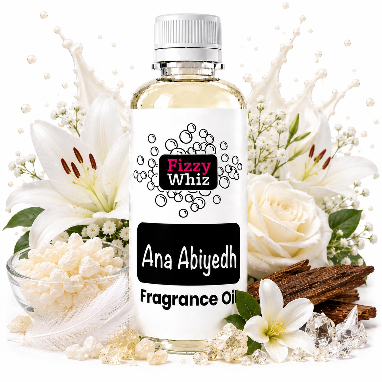 A bottle of Fizzy Whiz Ana Abiyedh Fragrance Oil centered on a white background, surrounded by white lilies, roses, cinnamon sticks, crystals, and a splash graphic behind it.