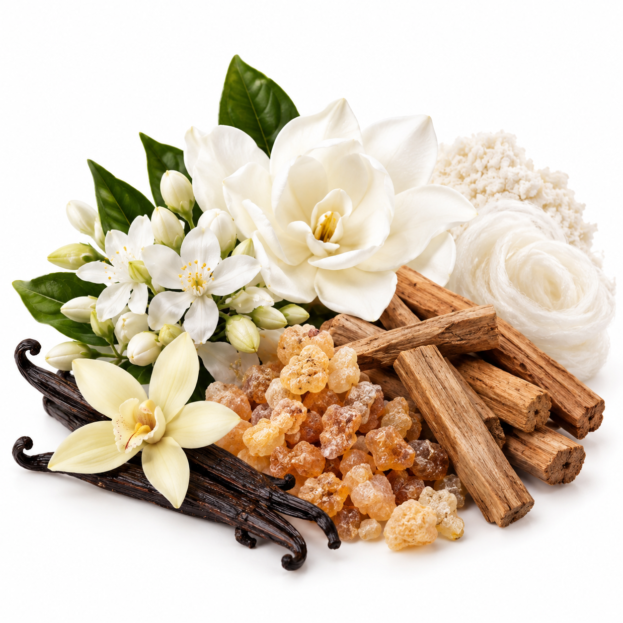 A styled botanical arrangement on a white background featuring white flowers, dark vanilla beans, brown cinnamon sticks, and amber-colored resin pieces.