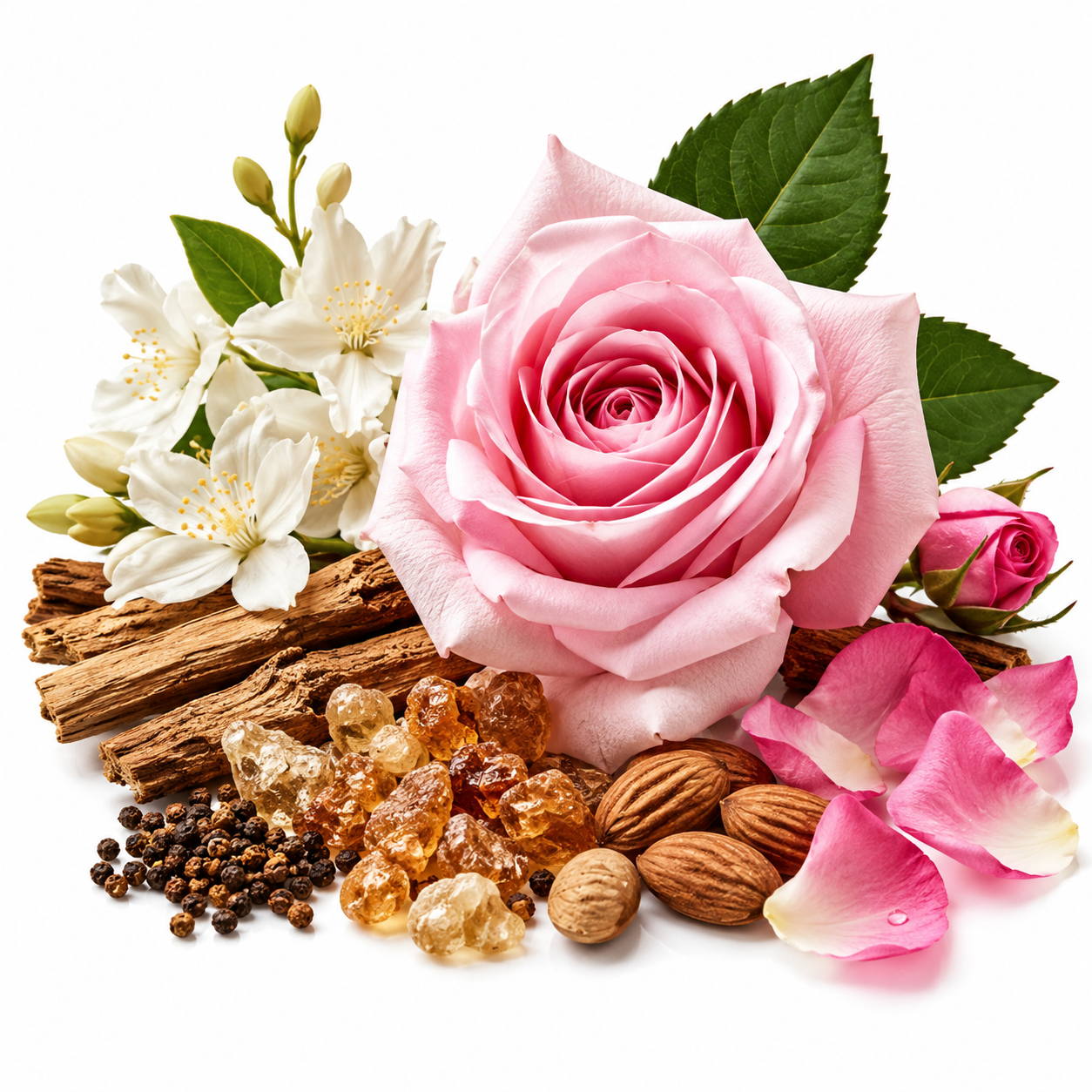 A pink rose with green leaves, white jasmine flowers, cinnamon bark, amber-colored resin pieces, almonds, and peppercorns arranged on a clean white background.