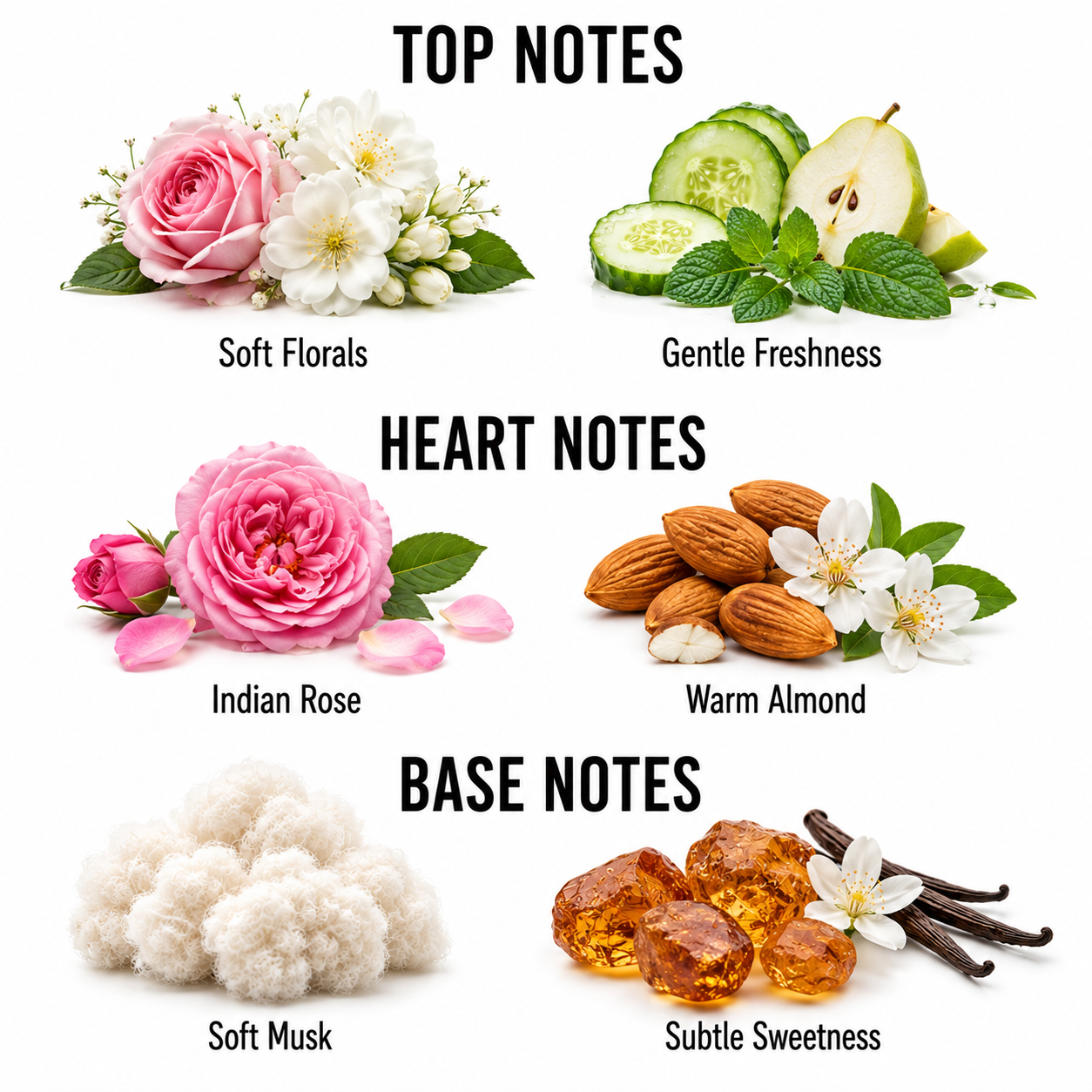 A fragrance notes graphic on a white background with the headings TOP NOTES, HEART NOTES, and BASE NOTES. Top notes include soft florals with pink and white flowers, gentle freshness with cucumber slices, mint leaves, and a pear, plus a heart note section with pink flowers, warm almonds, and white blossoms, and a base note section with soft musk and amber-like drops labeled subtle sweetness.