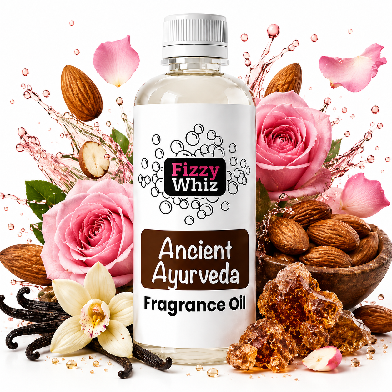 A bottle of Fizzy Whiz Ancient Ayurveda Fragrance Oil centered on a white background, surrounded by pink roses, almonds, vanilla beans, amber resin, and flower petals as product ingredients.