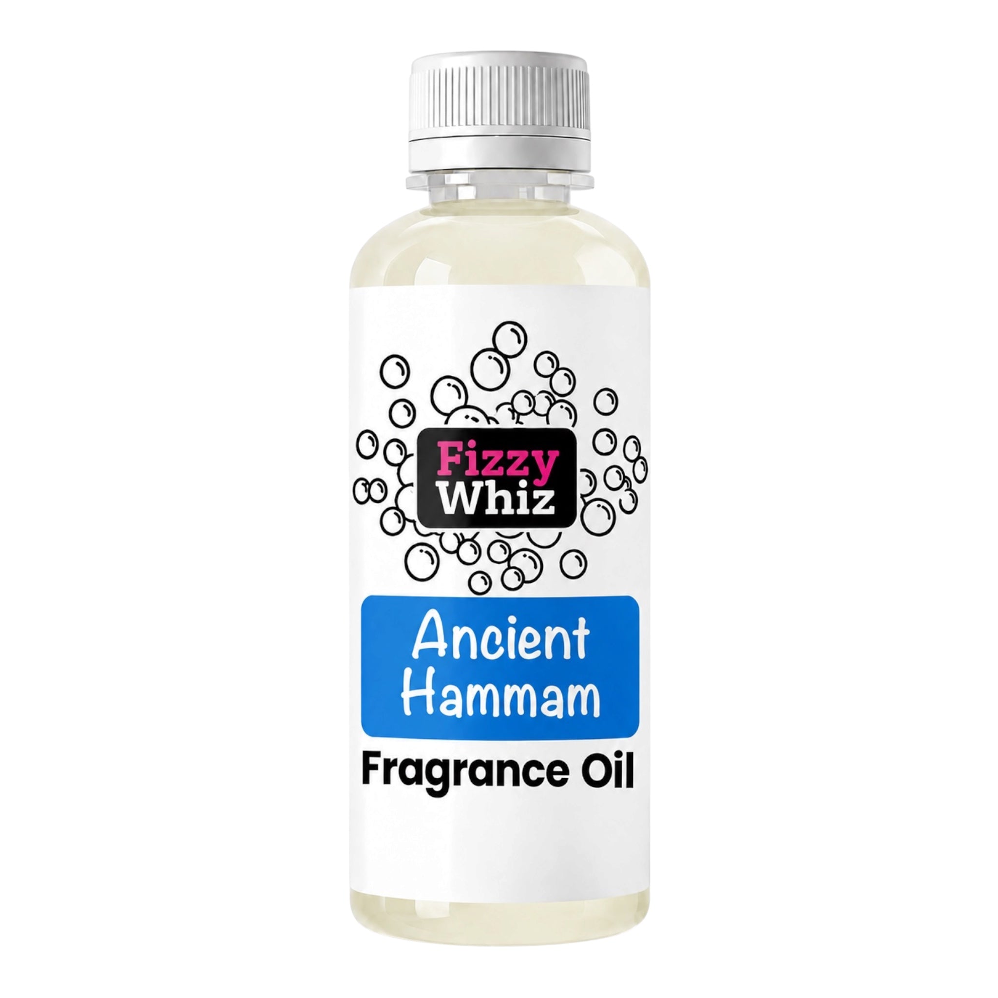 A bottle of Fizzy Whiz Ancient Hammam Fragrance Oil with a white cap and a white label featuring a blue block and black text, isolated on a white background.