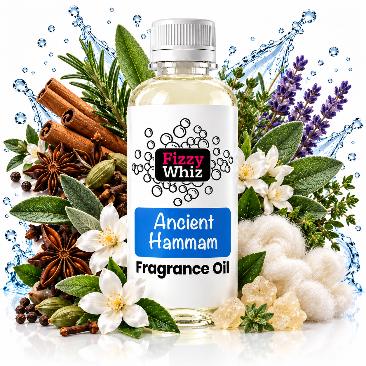A bottle of Fizzy Whiz Ancient Hammam Fragrance Oil centered against a white background, surrounded by decorative ingredients and water splashes including cinnamon sticks, star anise, rosemary, lavender, white flowers, green leaves, cotton, and crystals.