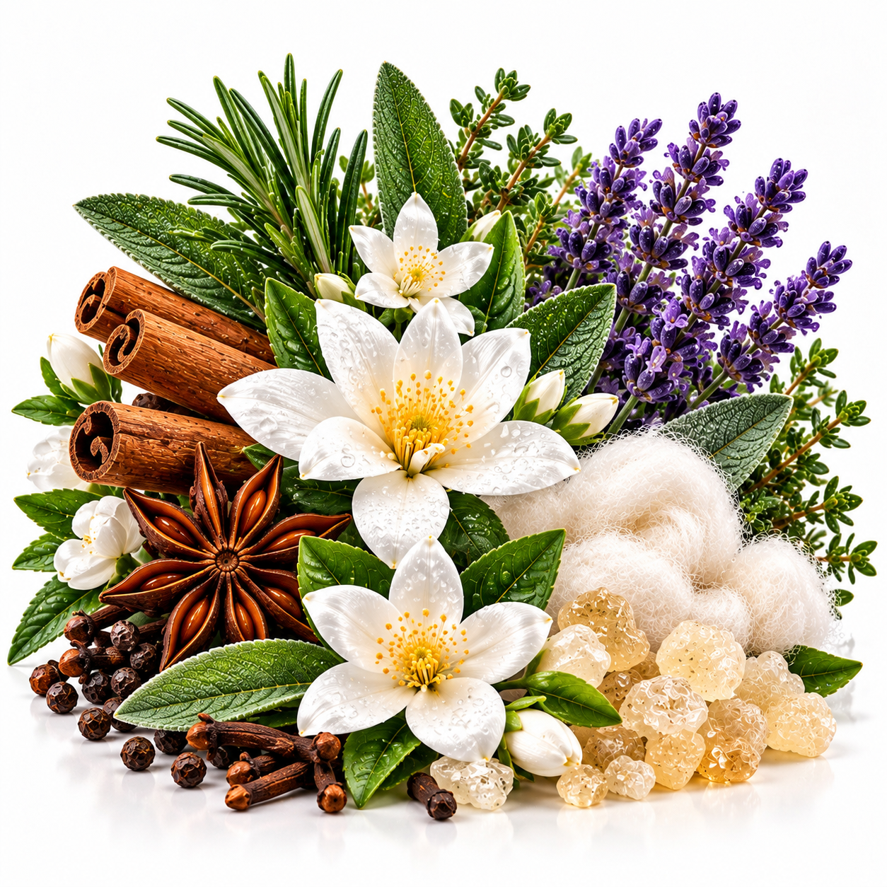 a white background, surrounded by decorative ingredients and water splashes including cinnamon sticks, star anise, rosemary, lavender, white flowers, green leaves, cotton, and crystals.