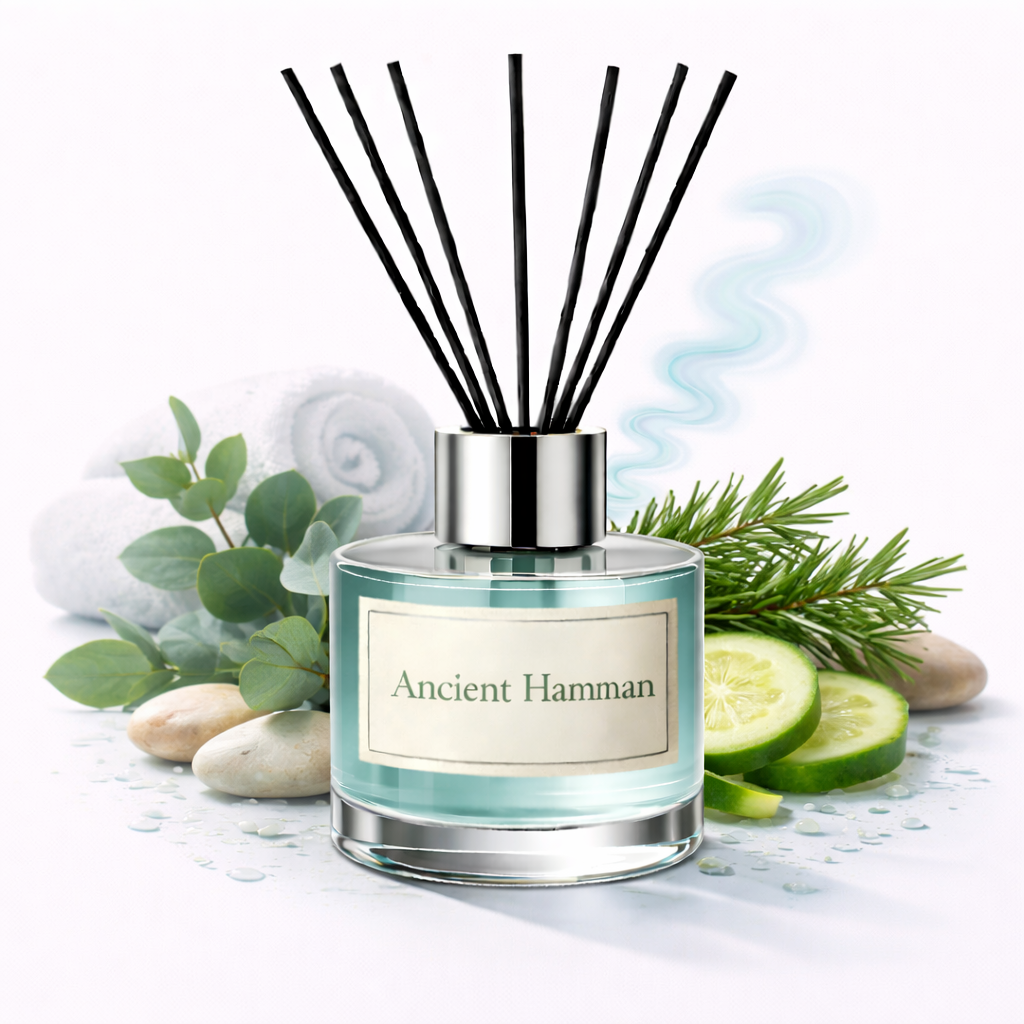Diffuser with 'Ancient Hamman' label surrounded by greenery and stones on a white background