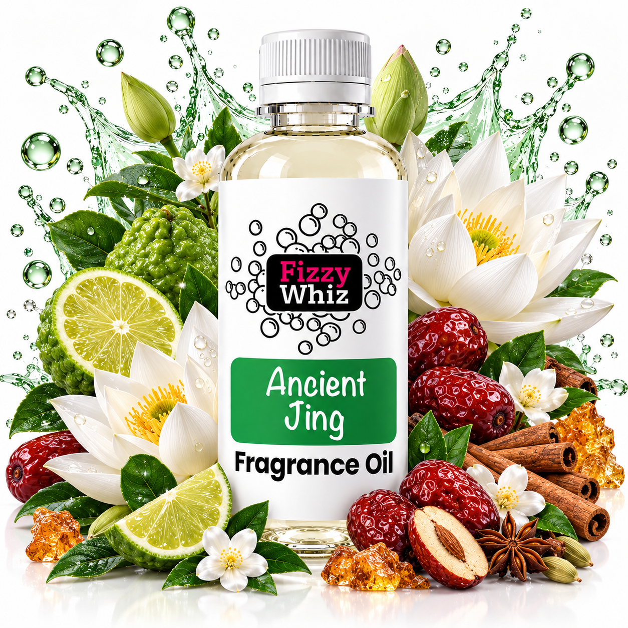 A bottle of Fizzy Whiz Ancient Jing Fragrance Oil centered against a white background, surrounded by illustrative ingredients including white flowers, green limes, red dates, cinnamon sticks, star anise, and honey drops with water splashes.