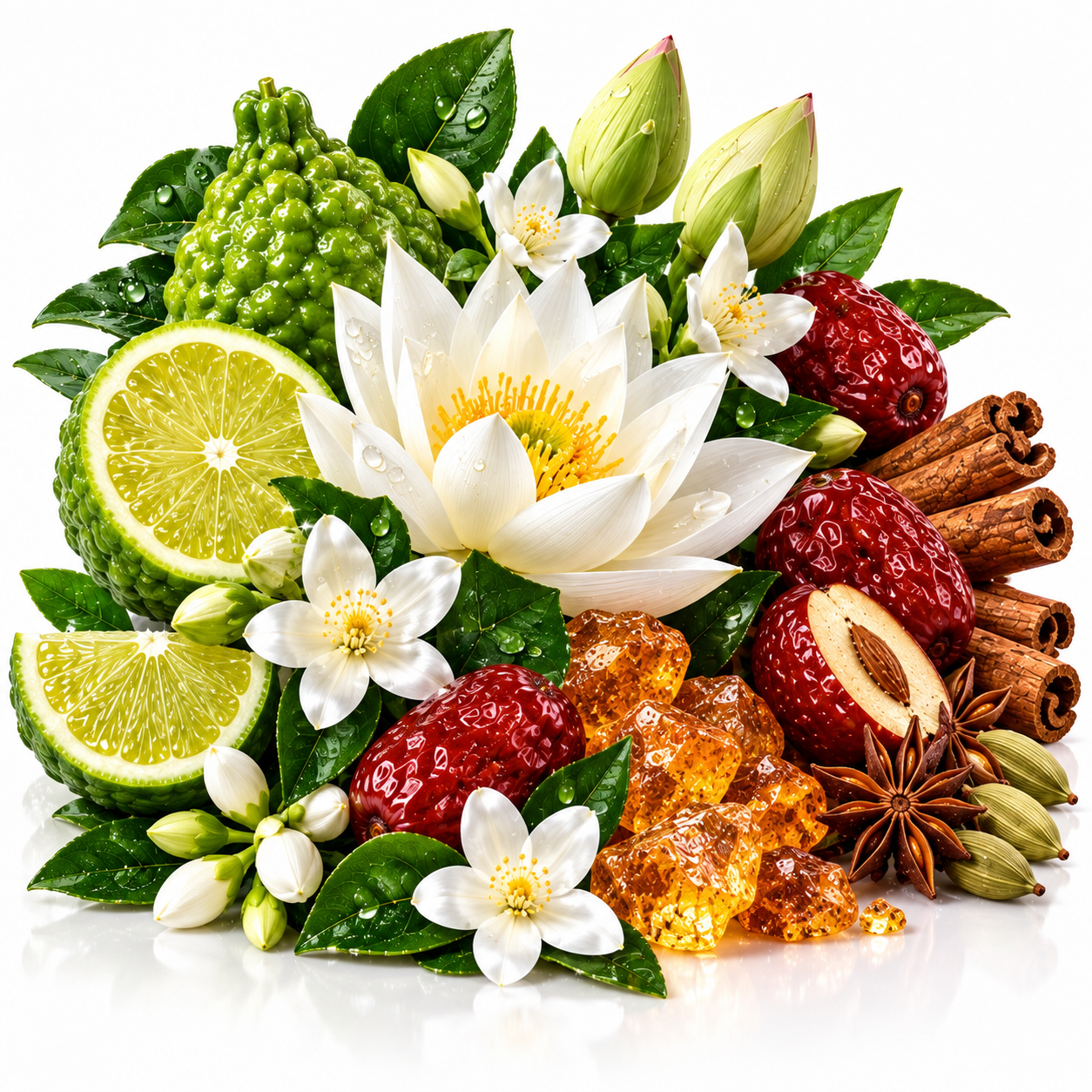 A styled botanical arrangement of whole and sliced citrus fruits, white lotus flowers, red dates, cinnamon sticks, star anise, green leaves, and amber honey crystals on a clean white background.