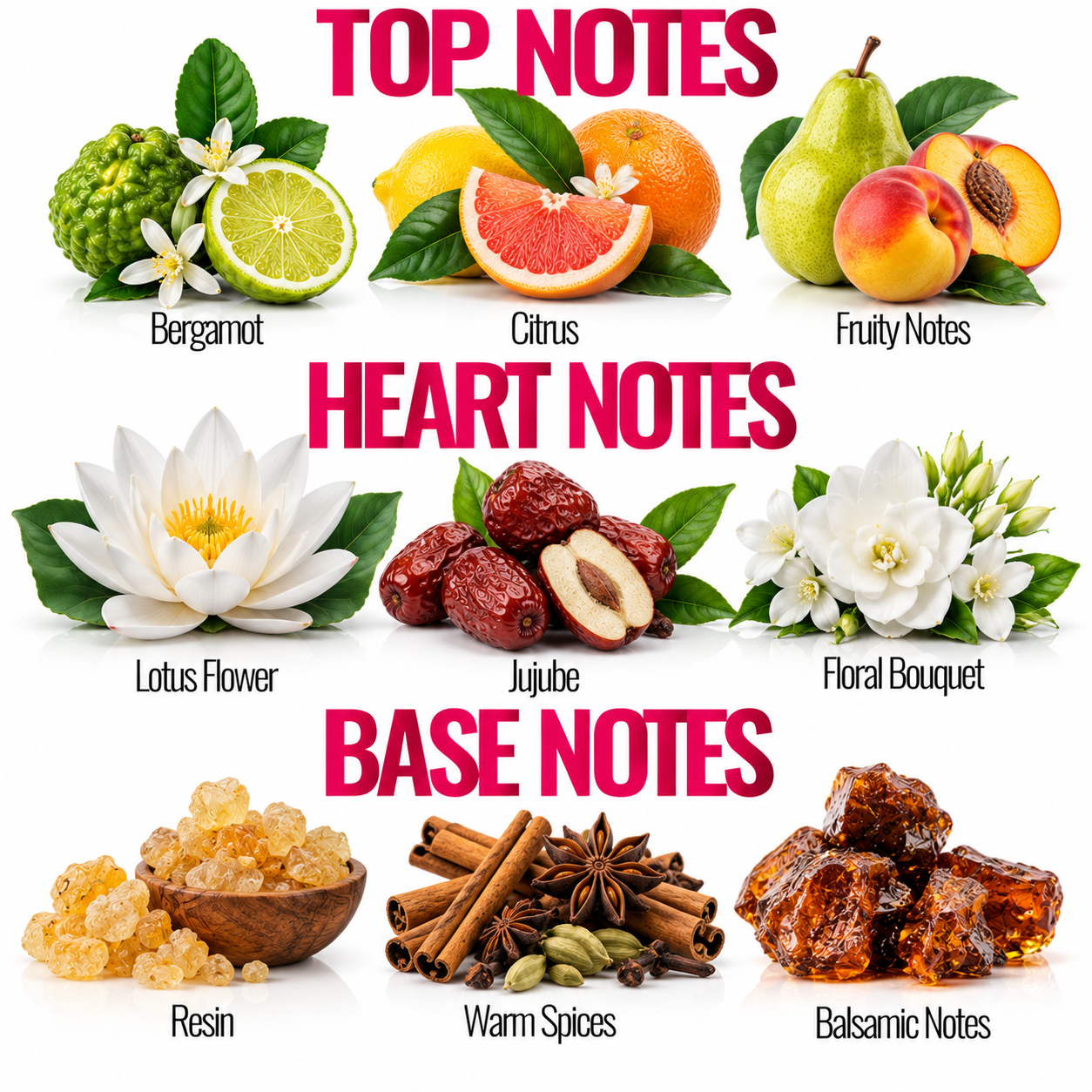 A fragrance notes graphic with the headings TOP NOTES, HEART NOTES, and BASE NOTES. The top notes section shows bergamot, citrus, and fruity notes with illustrations of bergamot, lime, grapefruit, pear, peach, and apricot.