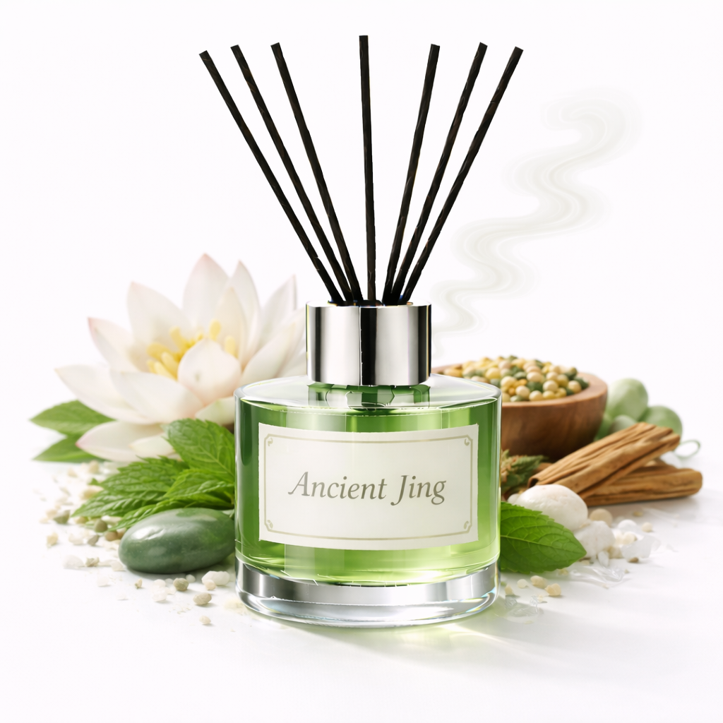 Diffuser with 'Ancient Jing' label surrounded by flowers and herbs on a white background