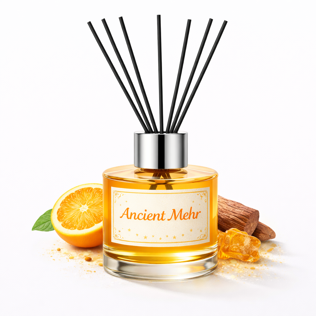 Reed diffuser with 'Ancient Mehr' label, orange, almonds, and ginger on a white background