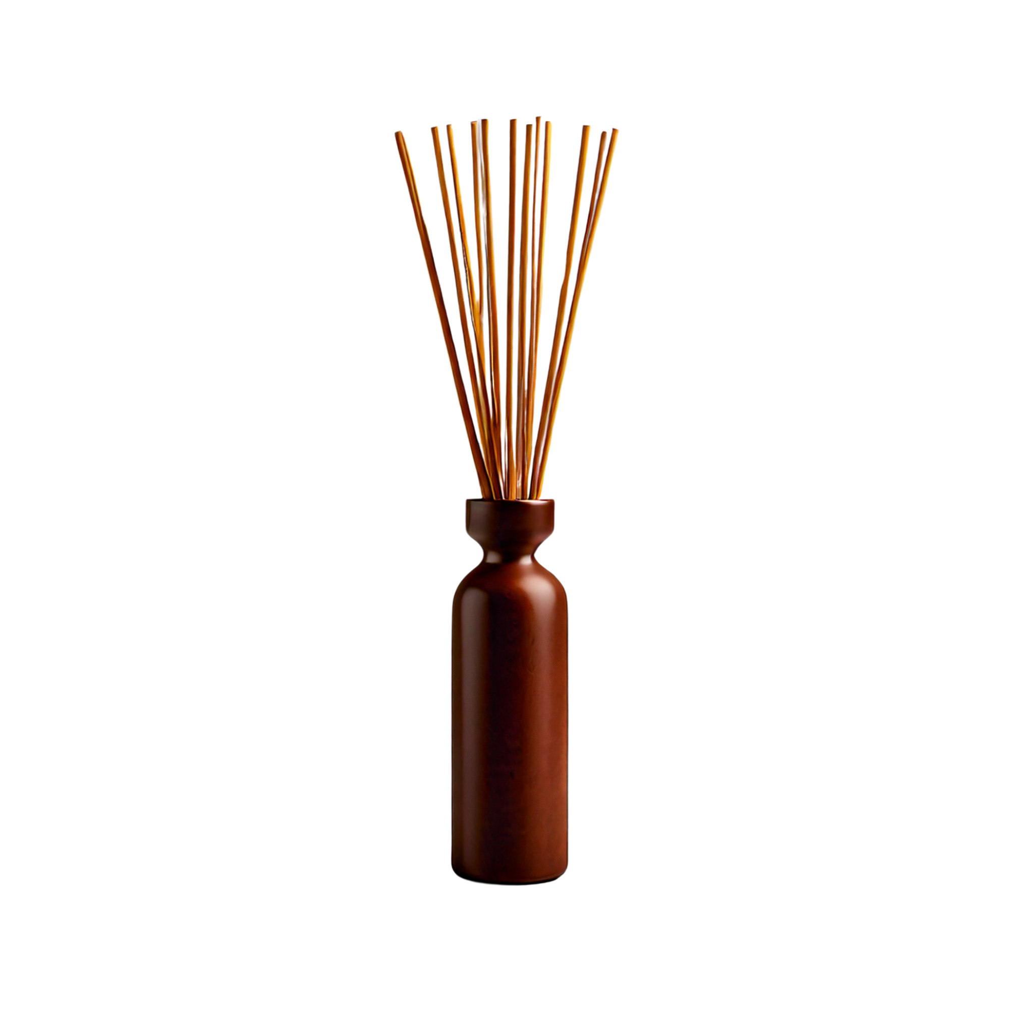 Dark wooden reed diffuser bottle with a slim cylindrical shape, topped with multiple natural reed sticks fanned out, displayed upright on a light background.
