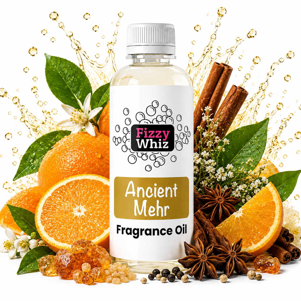 Ancient Mehr fragrance oil with vibrant orange, warm cinnamon, star anise, peppercorns, green leaves and rich amber resin on a clean white background.
