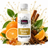 Ancient Mehr fragrance oil with vibrant orange, warm cinnamon, star anise, peppercorns, green leaves and rich amber resin on a clean white background.
