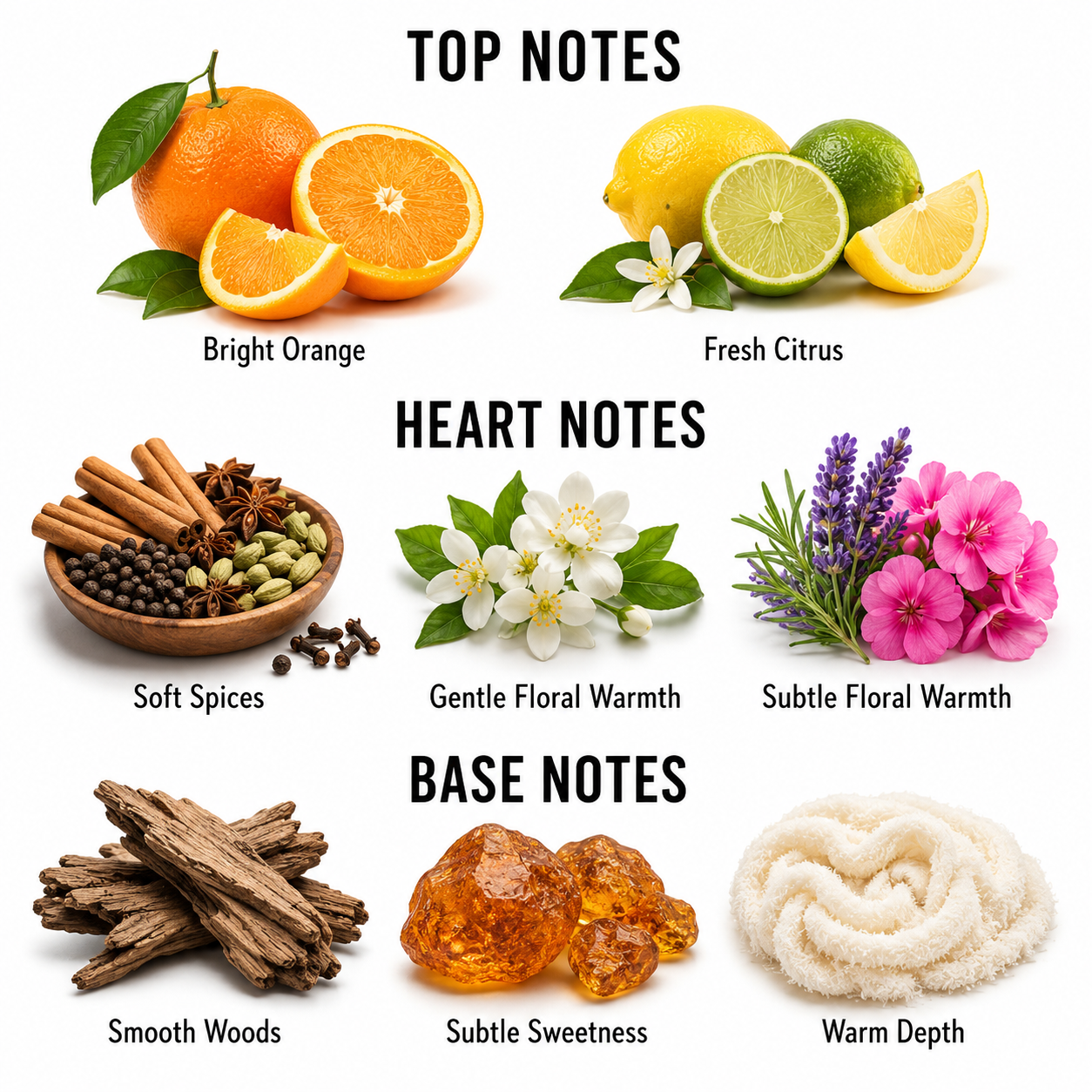 A fragrance notes infographic on a white background, categorized into Top Notes (Bright Orange, Fresh Citrus), Heart Notes (Soft Spices, Gentle Floral Warmth, Subtle Floral Warmth), and Base Notes (Smooth Woods, Subtle Sweetness, Warm Depth), with corresponding photographic illustrations of citrus fruits, spices, flowers, and wood pieces.