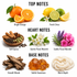 A fragrance notes infographic on a white background, categorized into Top Notes (Bright Orange, Fresh Citrus), Heart Notes (Soft Spices, Gentle Floral Warmth, Subtle Floral Warmth), and Base Notes (Smooth Woods, Subtle Sweetness, Warm Depth), with corresponding photographic illustrations of citrus fruits, spices, flowers, and wood pieces.