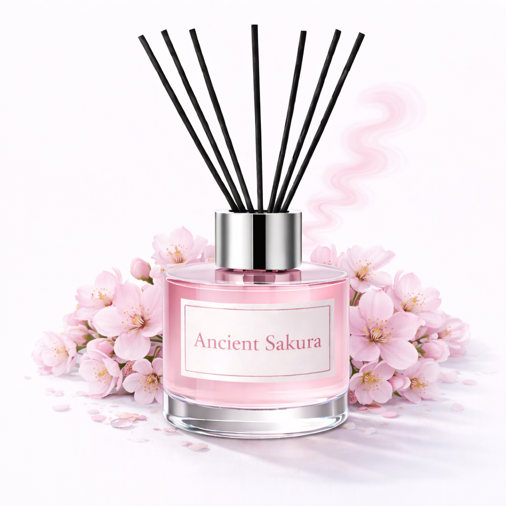 Pink diffuser bottle labeled 'Ancient Sakura' with black sticks surrounded by cherry blossoms on a white background