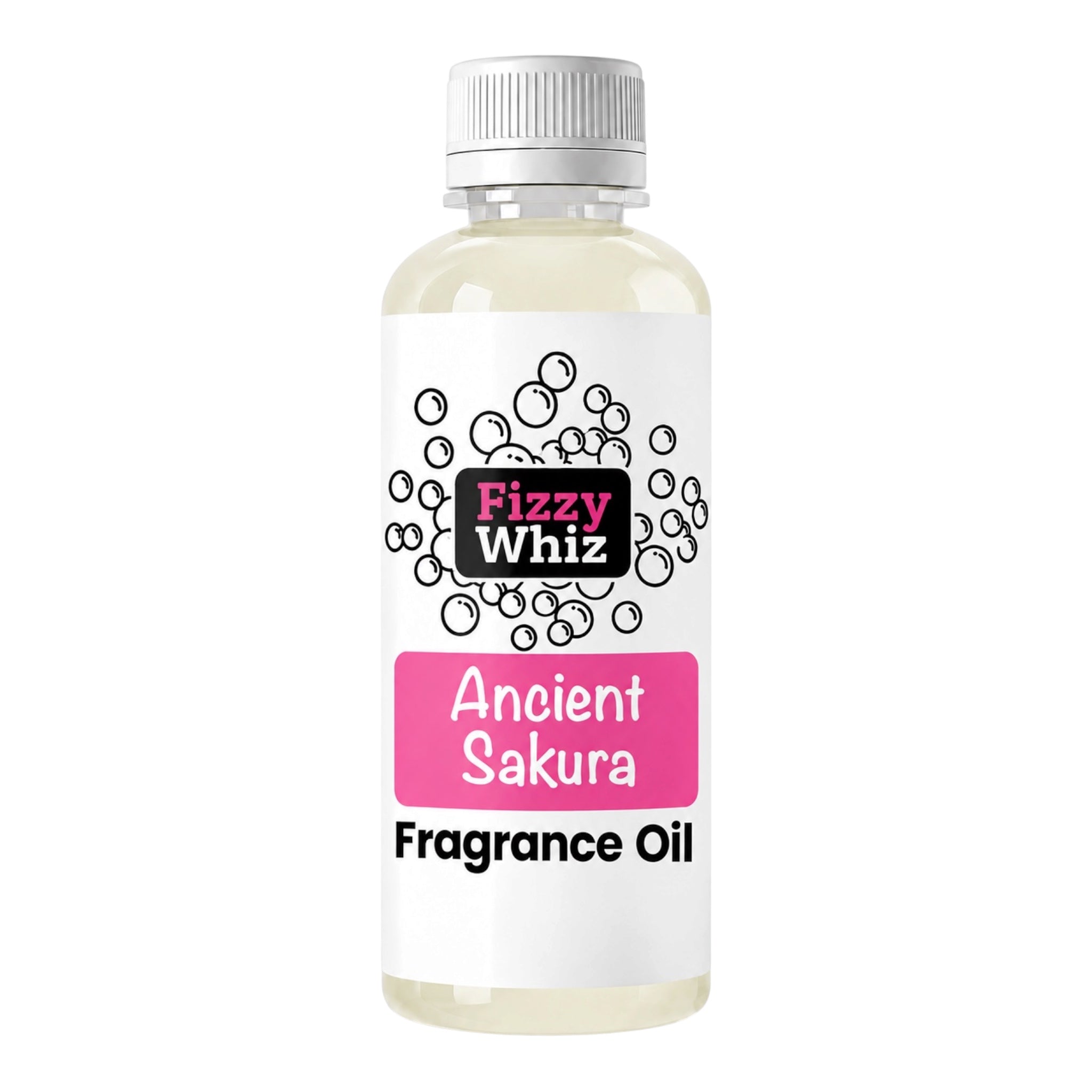 A bottle of Fizzy Whiz Ancient Sakura Fragrance Oil on a solid white background. The bottle is clear, showing the pale yellow liquid inside, and has a white cap and a white label with pink and black text and graphics.