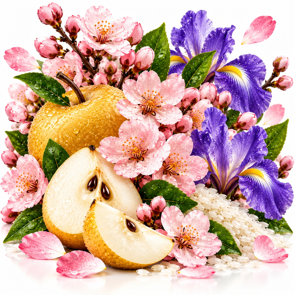 A styled botanical product shot featuring a whole and sliced yellow pear, pink blossoms, purple irises, green leaves, scattered pink petals, and white rice grains on a clean white background.