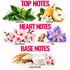 A botanical fragrance notes graphic on a white background with pink text reading TOP NOTES, HEART NOTES, and BASE NOTES. Top notes include green tea leaves, a pear, and white flowers labeled Nashi Pear.