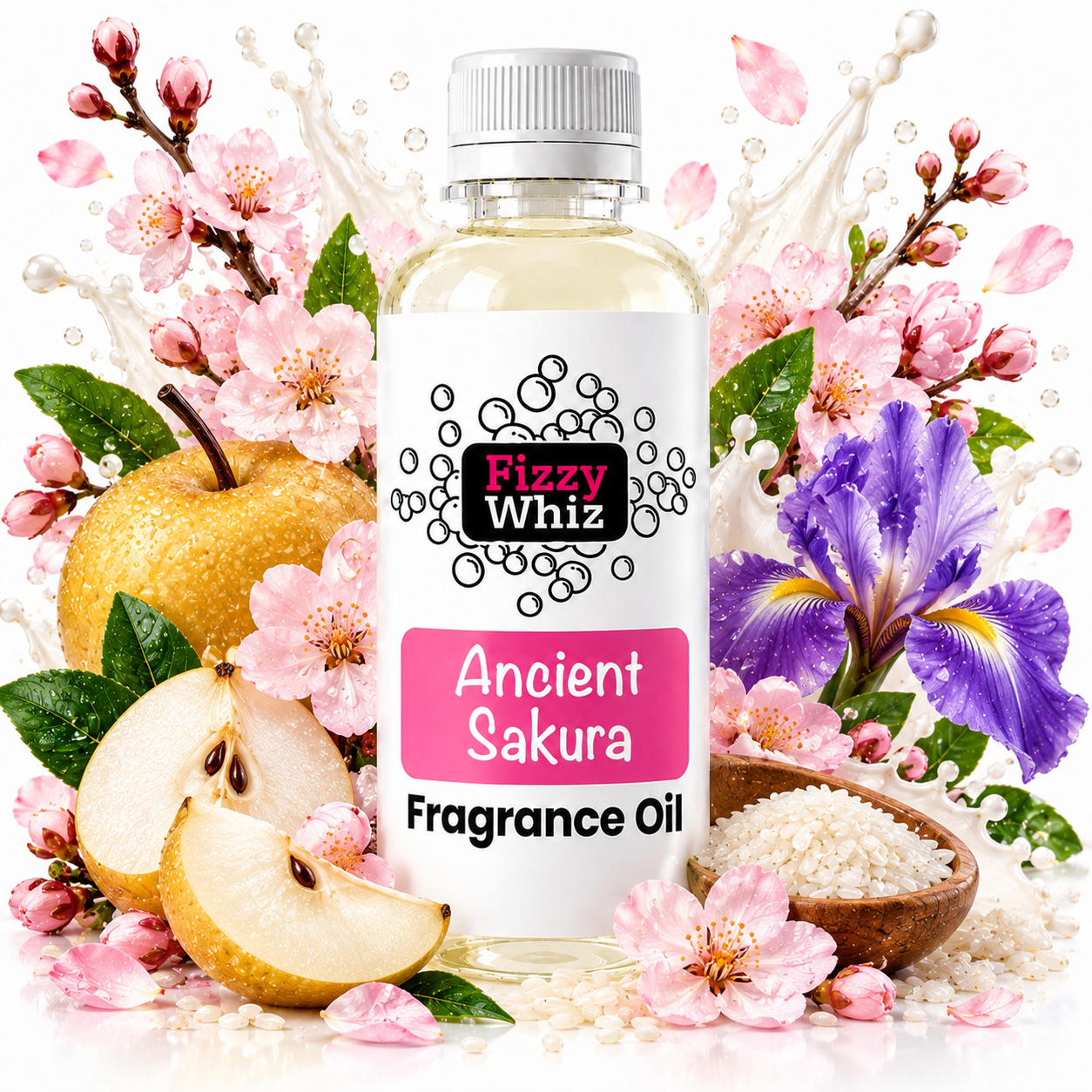 A bottle of Fizzy Whiz 'Ancient Sakura' fragrance oil centered against a white background, surrounded by decorative floral and fruit props including pink blossoms, a pear, an iris flower, and a bowl of rice. The bottle label is white with a pink block and black text.