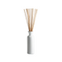 White glass reed diffuser bottle with natural brown diffuser reeds, shown upright on a light background