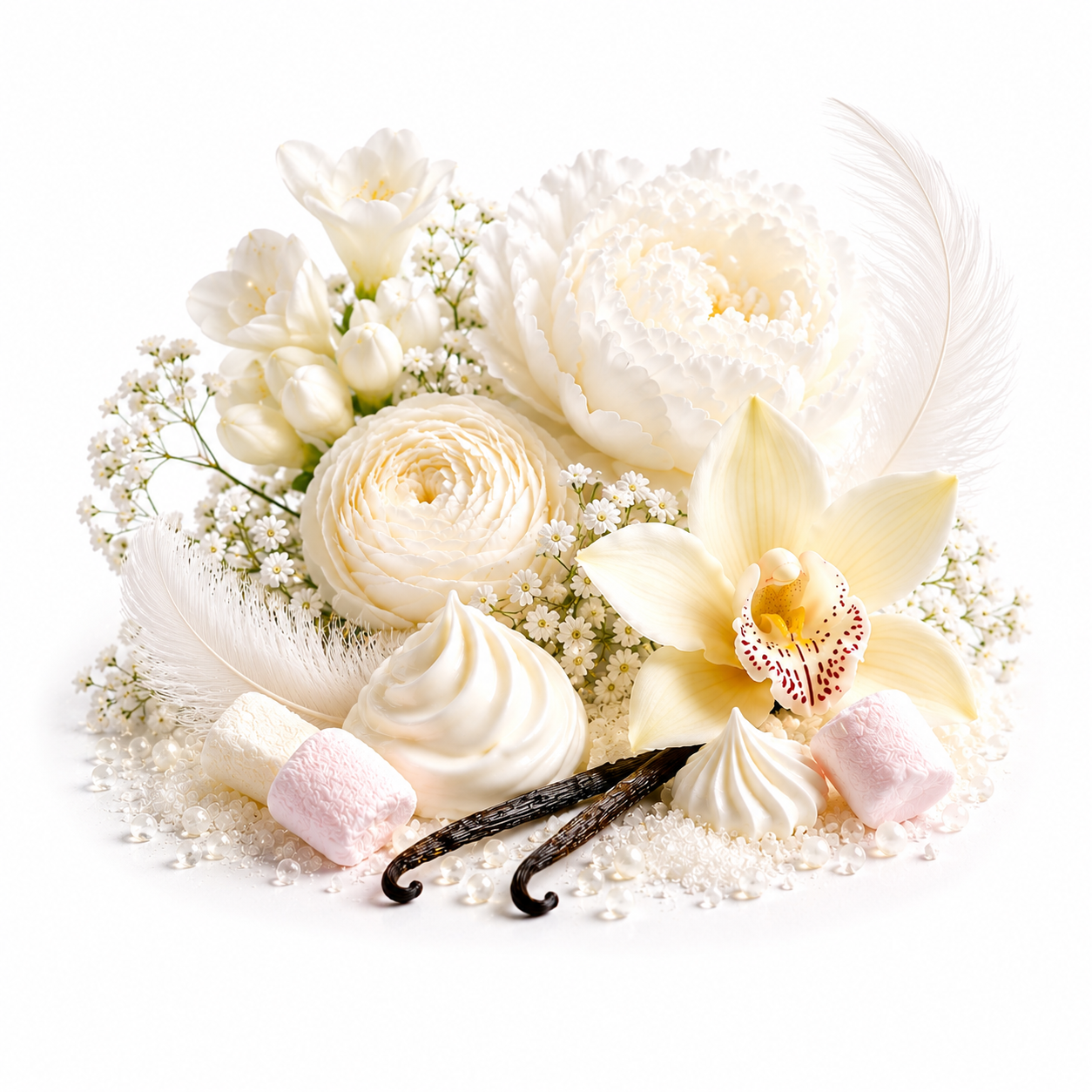 A styled floral and dessert arrangement on a white background, featuring white and cream flowers including an orchid, ranunculus, and baby's breath, with meringues, marshmallows, vanilla beans, and feathers.