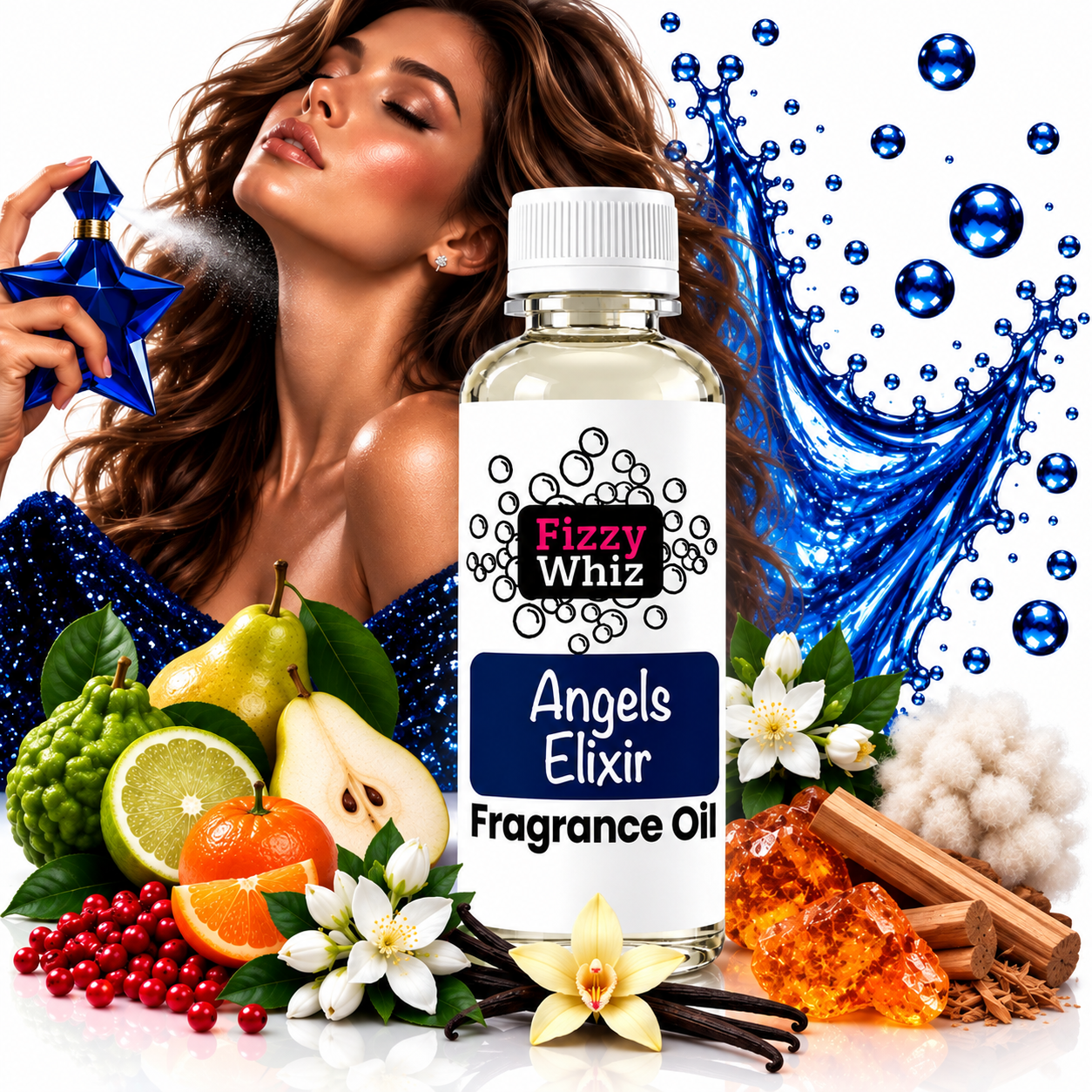 A bottle of Fizzy Whiz Angels Elixir Fragrance Oil centered in a styled composition with a woman in a sparkling blue dress holding a blue star-shaped bottle, surrounded by fruit, flowers, crystals, and a blue liquid splash graphic on a white background.