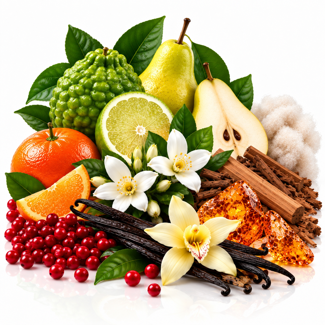 A styled botanical arrangement of natural ingredients on a white background, including a green bumpy fruit, yellow pears, an orange, sliced lime, white flowers, vanilla beans, red berries, cinnamon sticks, and honeycomb.