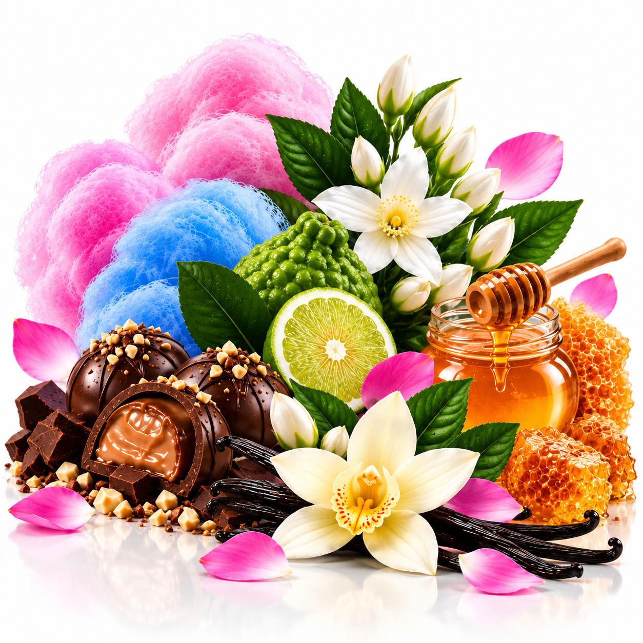 A styled still life of assorted gourmet chocolates, a jar of honey with a wooden dipper, cotton candy in pink and blue, a lime slice, green kumquats, vanilla beans, white flowers, and pink petals on a white background.