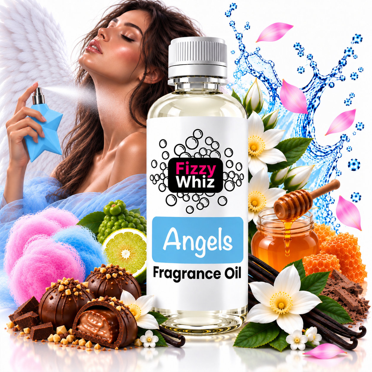 A bottle of Fizzy Whiz 'Angels' fragrance oil centered on a white background, surrounded by themed props including a woman spraying perfume, flowers, honey, chocolates, vanilla, and blue water splash graphics. The product bottle has a white cap and white label with black and pink branding.