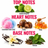 A scent profile graphic for a fragrance, labeled 'TOP NOTES', 'HEART NOTES', and 'BASE NOTES' in pink text. Top notes show a green calabrian bergamot fruit and a lime slice.