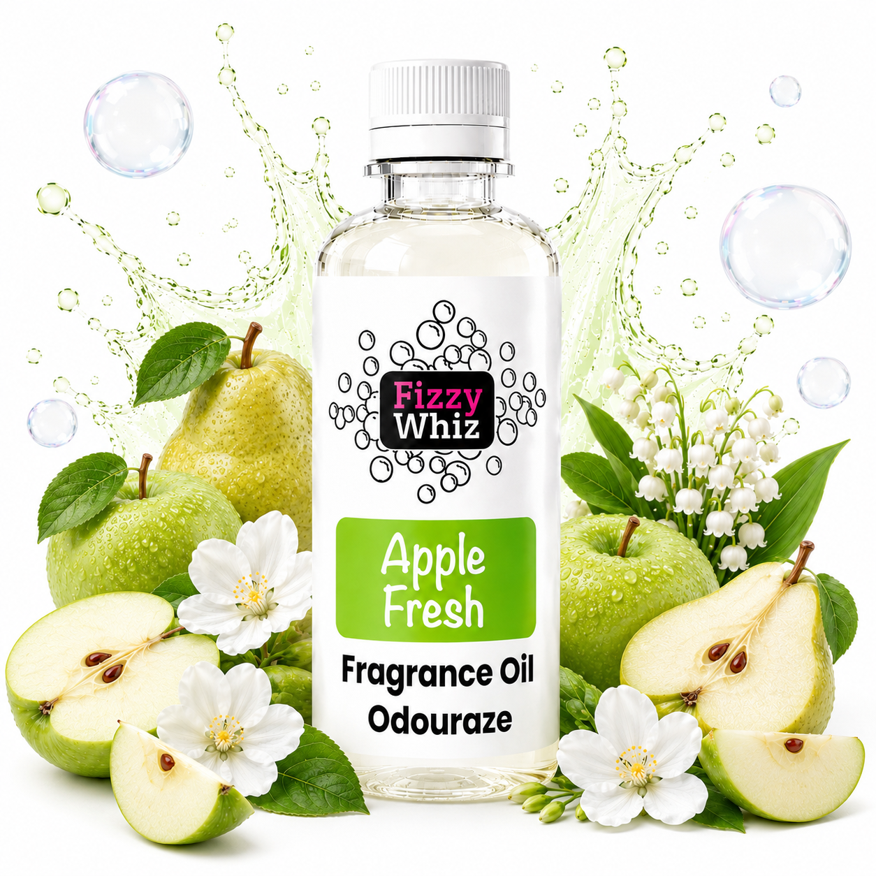 A bottle of Fizzy Whiz Apple Fresh fragrance oil centered on a white background, surrounded by green apples, sliced pears, white flowers, and a splash graphic with bubbles. The label reads 'Fizzy Whiz' and 'Apple Fresh Fragrance Oil Odouraze'.