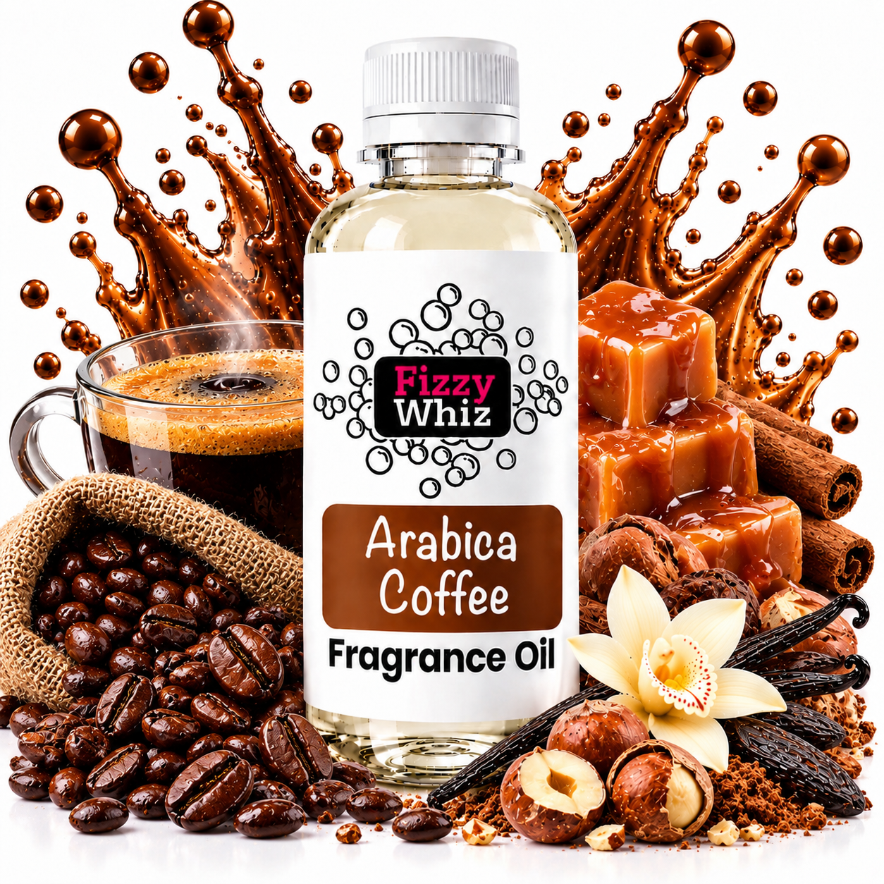 A bottle of Fizzy Whiz Arabica Coffee Fragrance Oil centered against a white background, surrounded by coffee beans, a cup of coffee, caramel cubes, cinnamon, vanilla, and a flower, with stylized coffee splashes behind it.