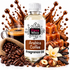 A bottle of Fizzy Whiz Arabica Coffee Fragrance Oil centered against a white background, surrounded by coffee beans, a cup of coffee, caramel cubes, cinnamon, vanilla, and a flower, with stylized coffee splashes behind it.