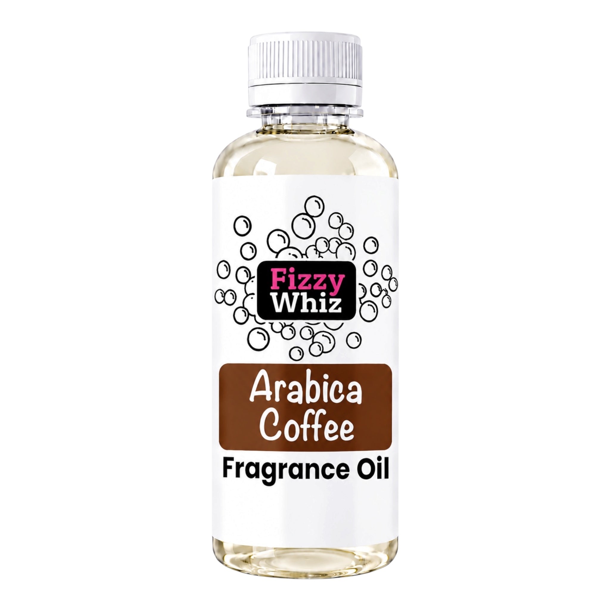A bottle of Fizzy Whiz Arabica Coffee Fragrance Oil on a solid white background. The bottle is made of clear plastic showing the pale yellow oil inside, has a white screw cap, and a white label with a brown banner and black text.