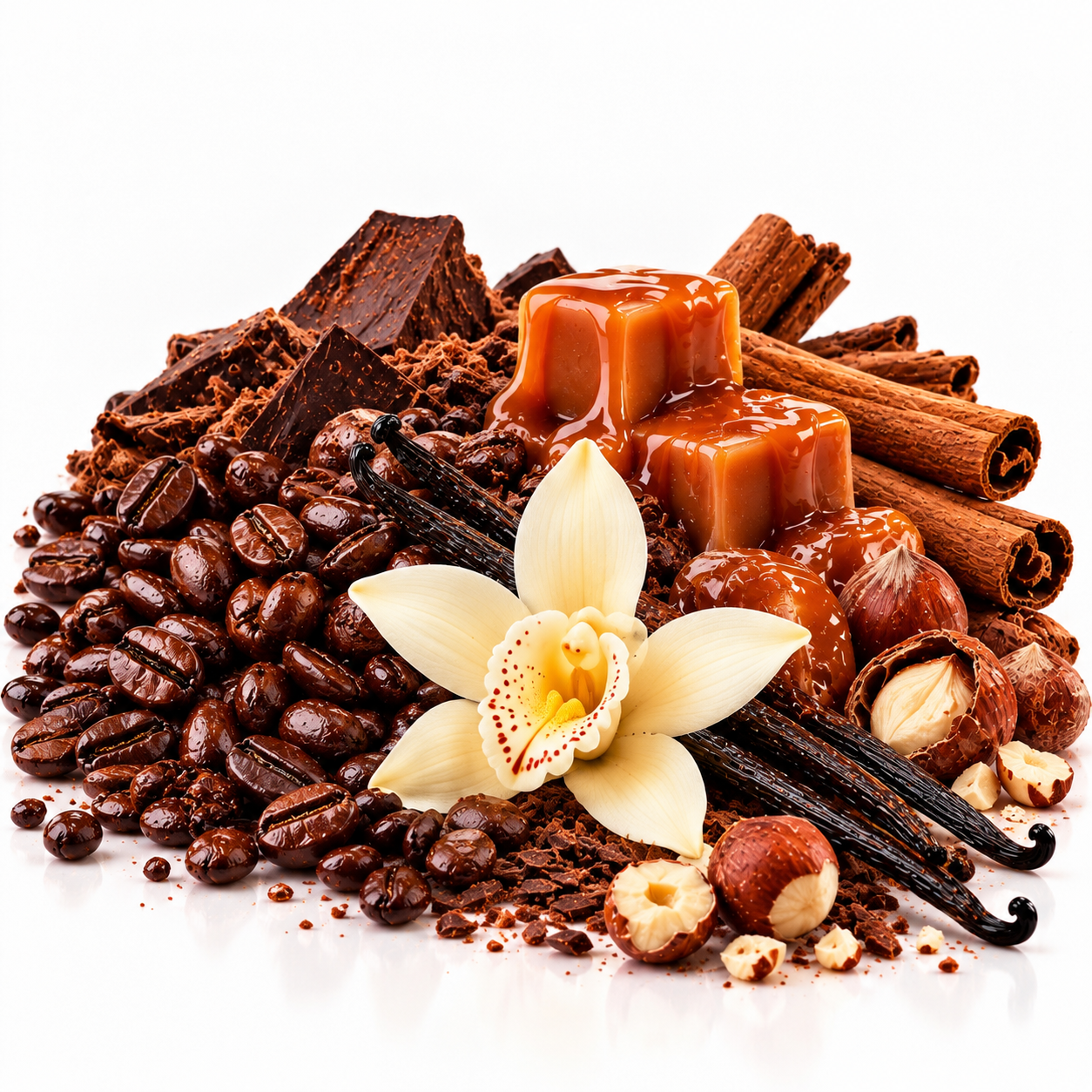 A styled food arrangement of chocolate ingredients and sweets on a white background, including coffee beans, dark chocolate chunks, caramel cubes, cinnamon sticks, vanilla beans, hazelnuts, cocoa powder, and a white orchid flower.