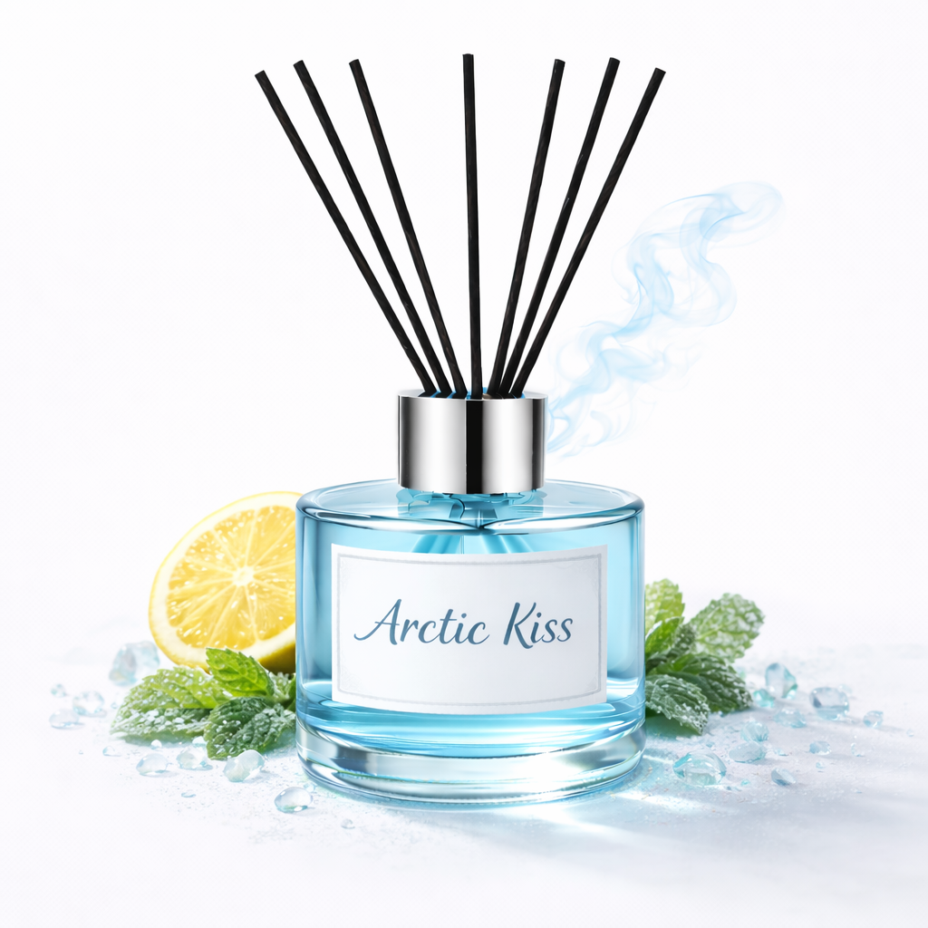 Reed diffuser labeled 'Arctic Kiss' with lemon and mint leaves on a white background