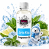 A bottle of Fizzy Whiz Artic Kiss Fragrance Oil centered on a white background, surrounded by ice cubes, mint leaves, lime slices, and a small cartoon polar bear wearing a blue knit hat and scarf. Blue water splashes appear behind the bottle.