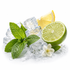 A styled arrangement of fresh mint leaves, a halved lime, a lemon wedge, a small white flower, and clear ice cubes on a white background.