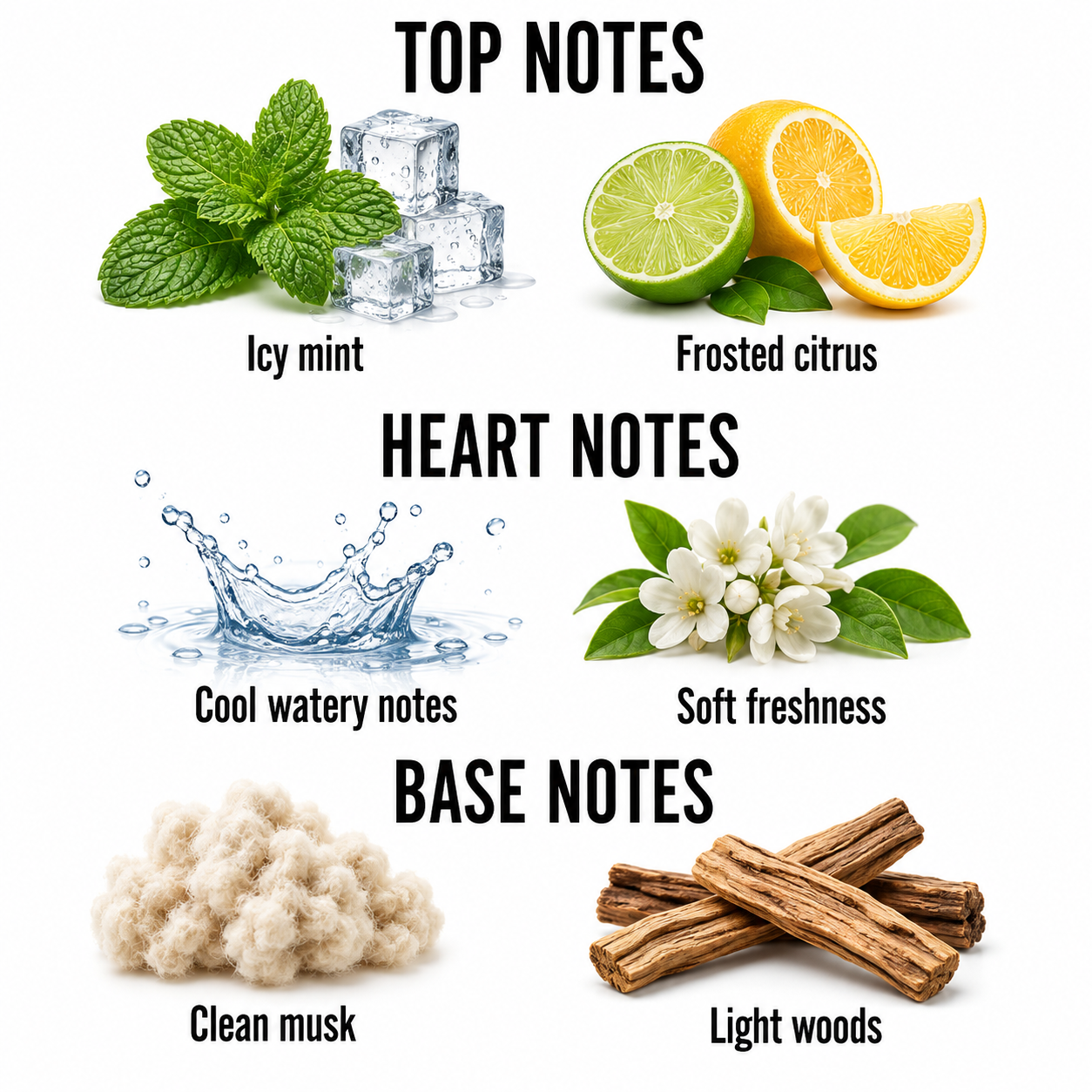 A fragrance notes graphic on a white background with the headings TOP NOTES, HEART NOTES, and BASE NOTES. Top notes shown are icy mint with mint leaves and ice cubes, and frosted citrus with lime halves and orange slices.