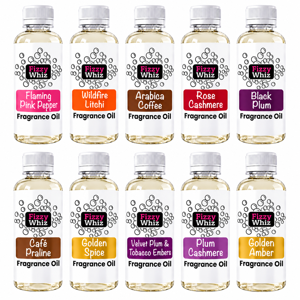 Twelve small fragrance oil bottles arranged in two rows on a white background. The bottles are labeled Fizzy Whiz and show different scent names including Flaming Pink Pepper, Wildfire Litchi, Arabica Coffee, Rose Cashmere, Black Plum, Cafe Orpine, Golden Spice, Velvet Plum & Tobacco Embers, Plum Cashmere, and Golden Amber.
