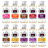 Twelve small fragrance oil bottles arranged in two rows on a white background. The bottles are labeled Fizzy Whiz and show different scent names including Flaming Pink Pepper, Wildfire Litchi, Arabica Coffee, Rose Cashmere, Black Plum, Cafe Orpine, Golden Spice, Velvet Plum & Tobacco Embers, Plum Cashmere, and Golden Amber.