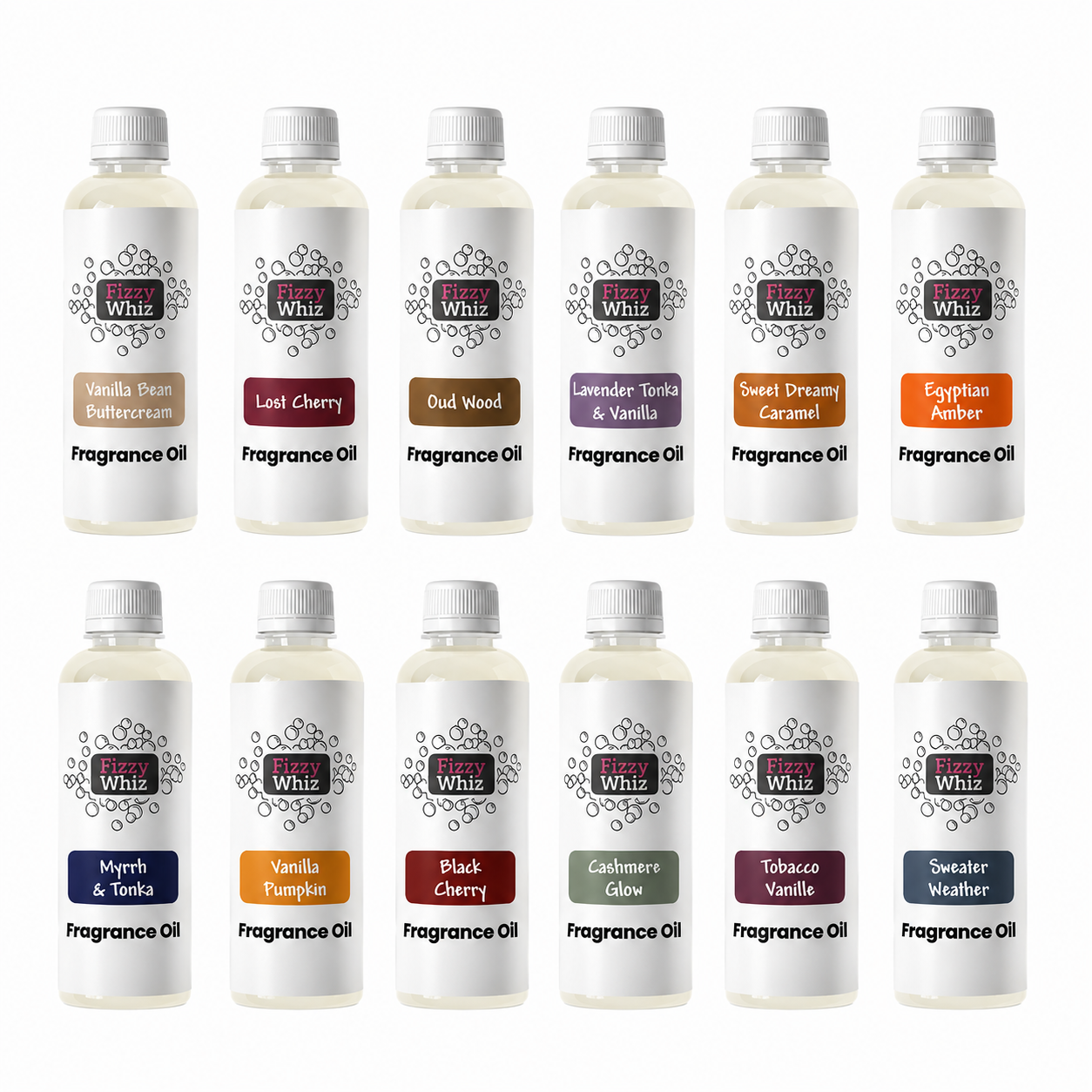 Twelve white plastic bottles of Whiskers Fragrance Oil arranged in two rows of six on a plain white background. Each bottle has a white cap and a white label with a black brand logo and a different colored flavor band near the top.